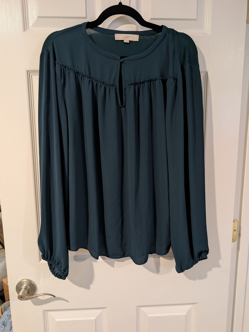 LOFT Dark Turquoise Long-Sleeve Keyhole-Front Peasant Blouse in Size XL